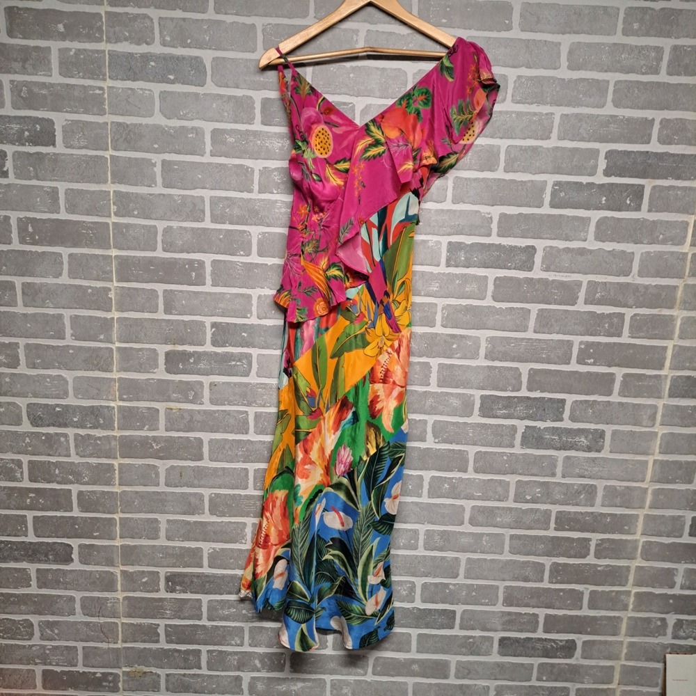 Farm Rio Ruffled Floral Print Satin Crepe De Chine Midi Dress Size Small - Picture 4 of 16